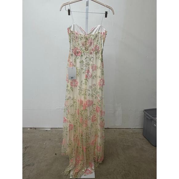 NWT Mac Duggal 2 Sequined Floral Corseted Sheer Sweetheart Long Cream Gown 68180 - Picture 5 of 8